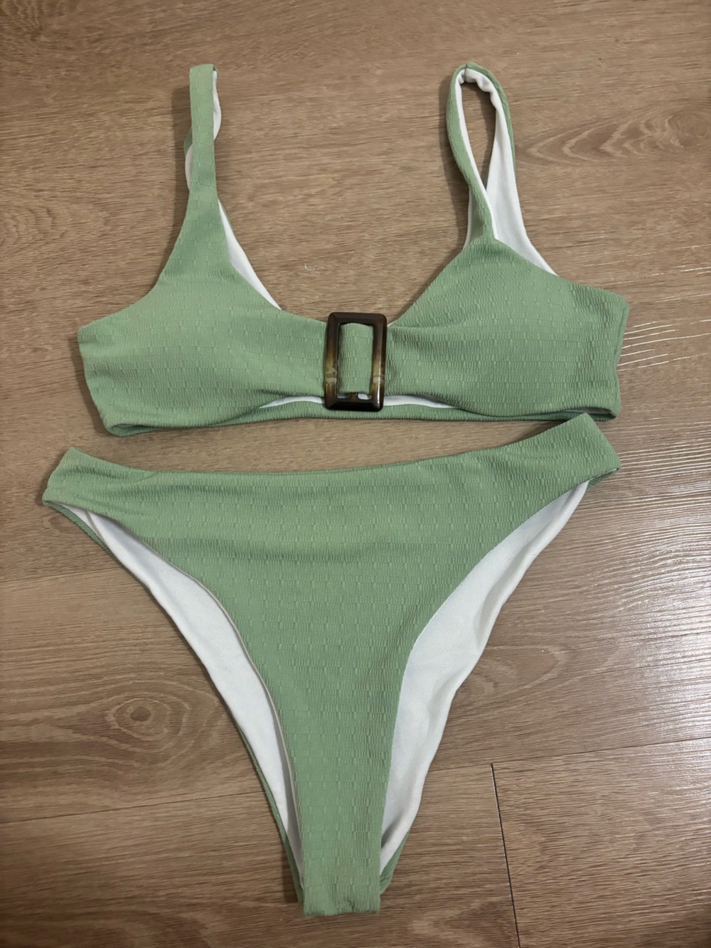 SHEIN Green Textured Bikini Set with Tortoiseshell Buckle